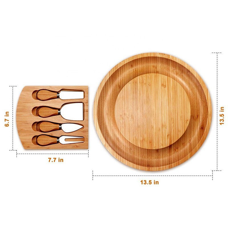 Bamboo Cheese Board Set with Knives - Round Serving Platter