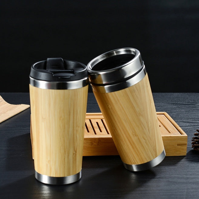 Insulated Bamboo Coffee Cup - 14oz Reusable Travel Mug with Lid