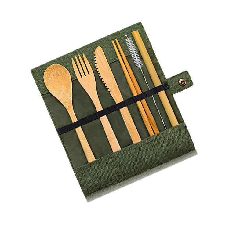 Travel Bamboo Cutlery Set - Reusable Utensils with Straw & Pouch (7-Piece)
