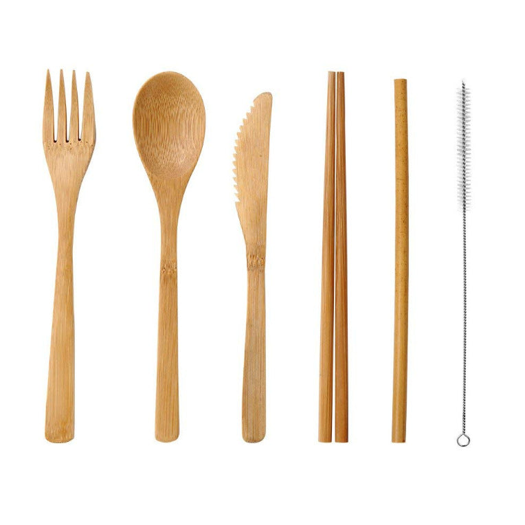 Travel Bamboo Cutlery Set - Reusable Utensils with Straw & Pouch (7-Piece)