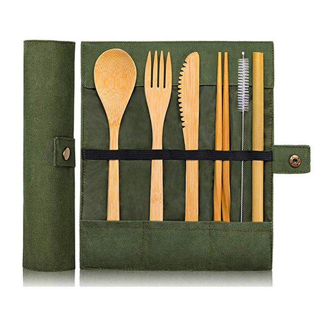 Travel Bamboo Cutlery Set - Reusable Utensils with Straw & Pouch (7-Piece)