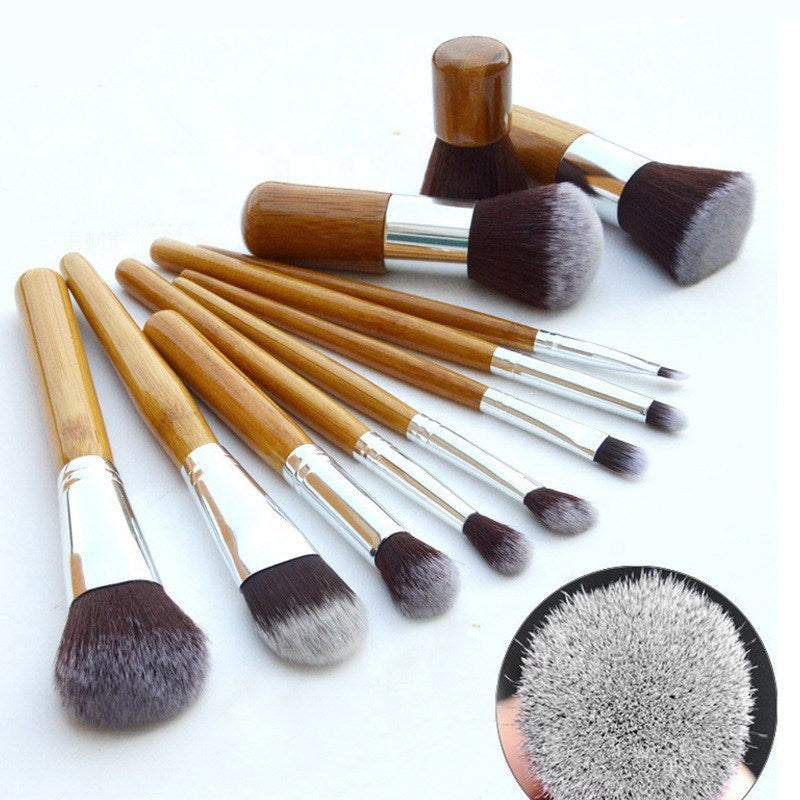 11-Piece Bamboo Makeup Brush Set with Travel Bag - Vegan & Eco-Friendly