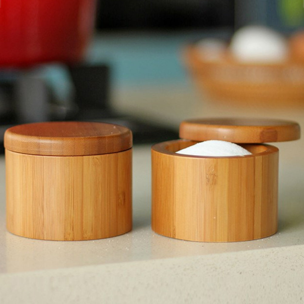 Round Bamboo Spice Container - Kitchen Seasoning Storage Box