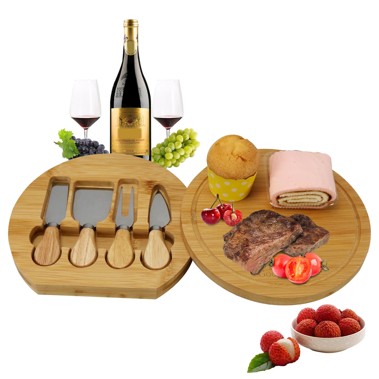Round Bamboo Cheese & Fruit Serving Tray - Natural Wood Platter
