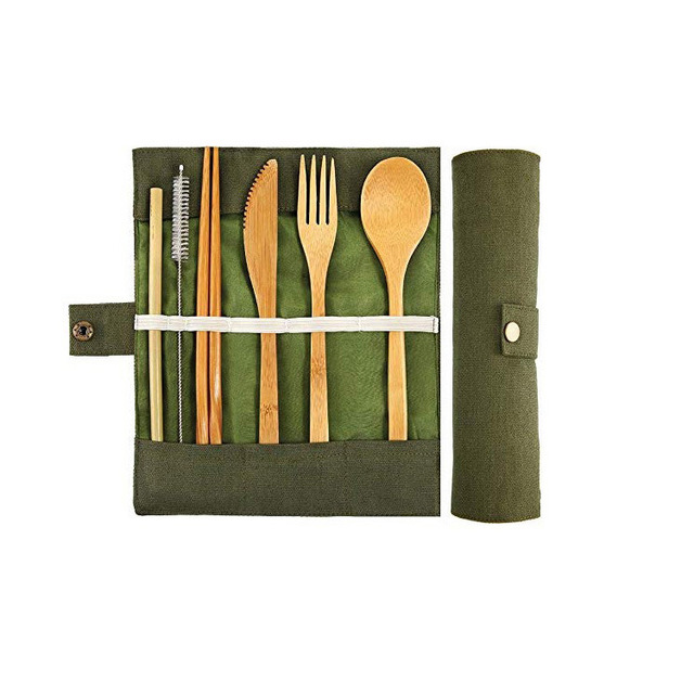 Travel Bamboo Cutlery Set - Reusable Utensils with Straw & Pouch (7-Piece)
