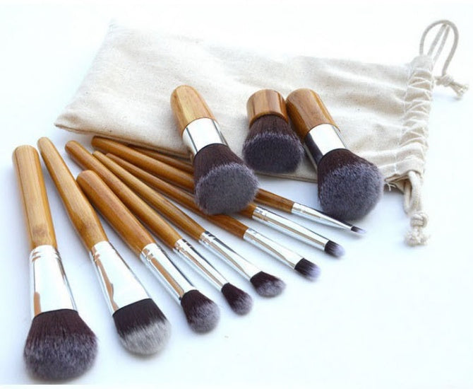 11-Piece Bamboo Makeup Brush Set with Travel Bag - Vegan & Eco-Friendly
