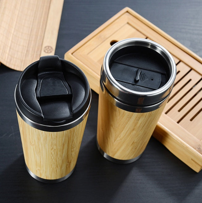 Insulated Bamboo Coffee Cup - 14oz Reusable Travel Mug with Lid