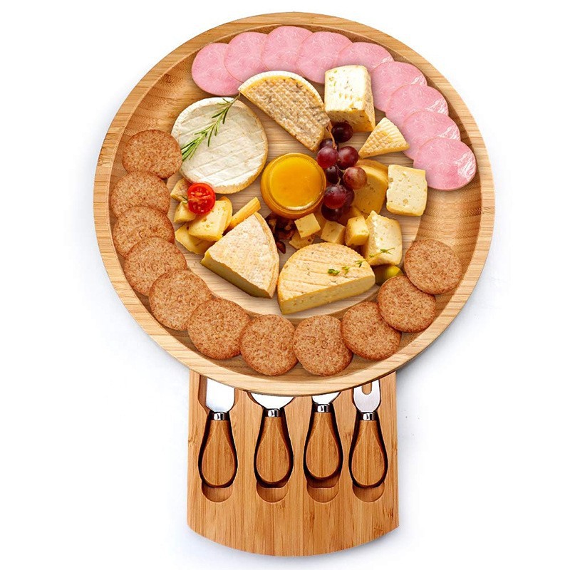 Bamboo Cheese Board Set with Knives - Round Serving Platter
