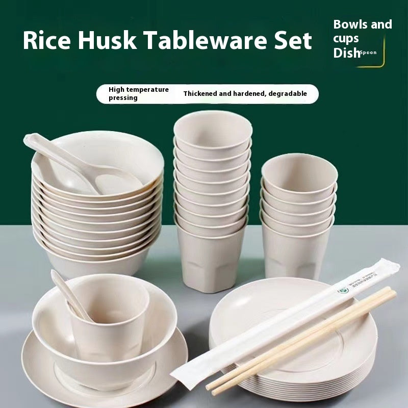 Biodegradable Rice Husk Tableware Set - Eco-Friendly Disposable Dinnerware for 10