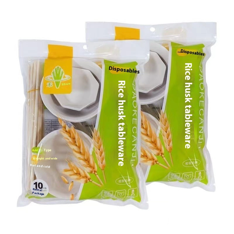 Biodegradable Rice Husk Tableware Set - Eco-Friendly Disposable Dinnerware for 10