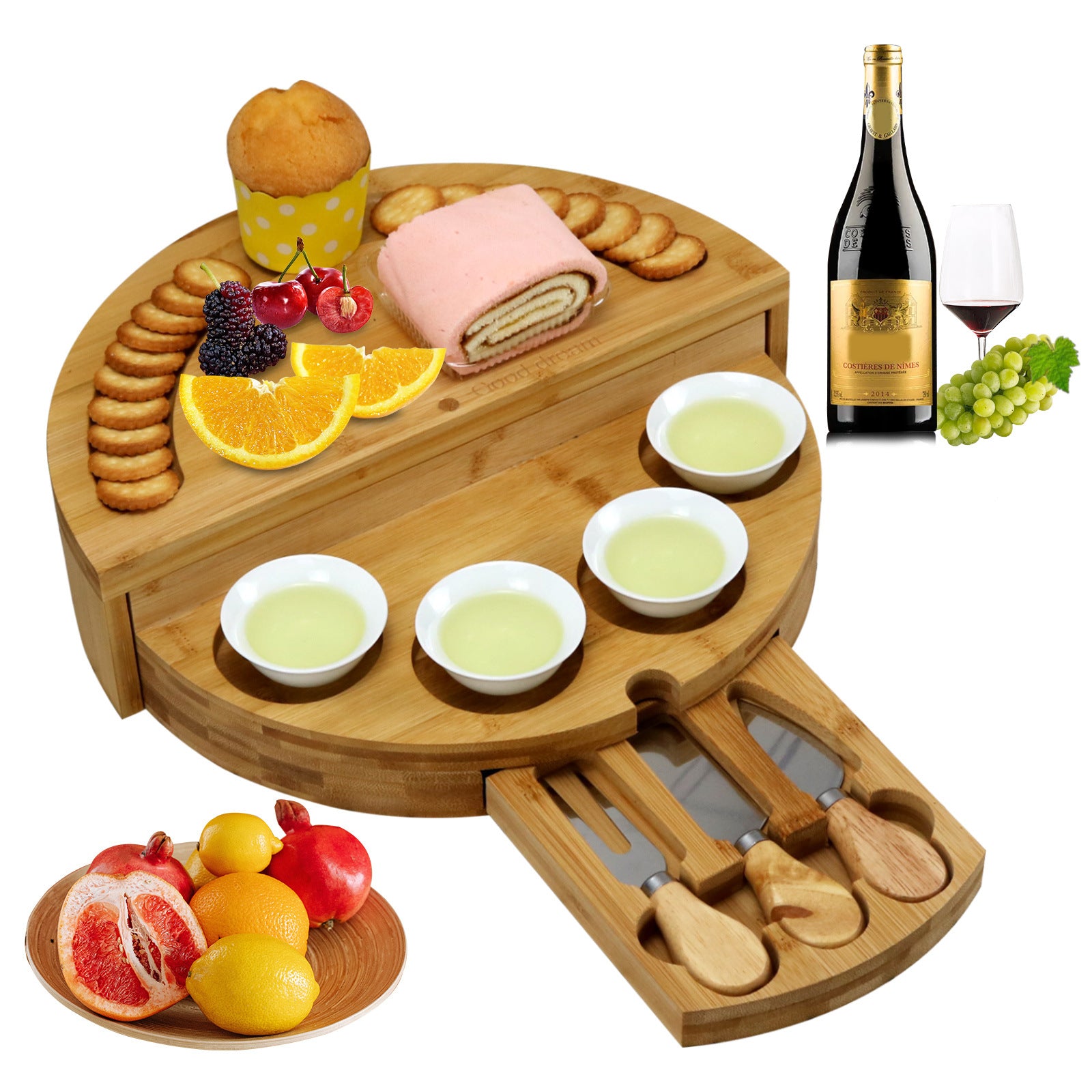 Round Bamboo Cheese & Fruit Serving Tray - Natural Wood Platter