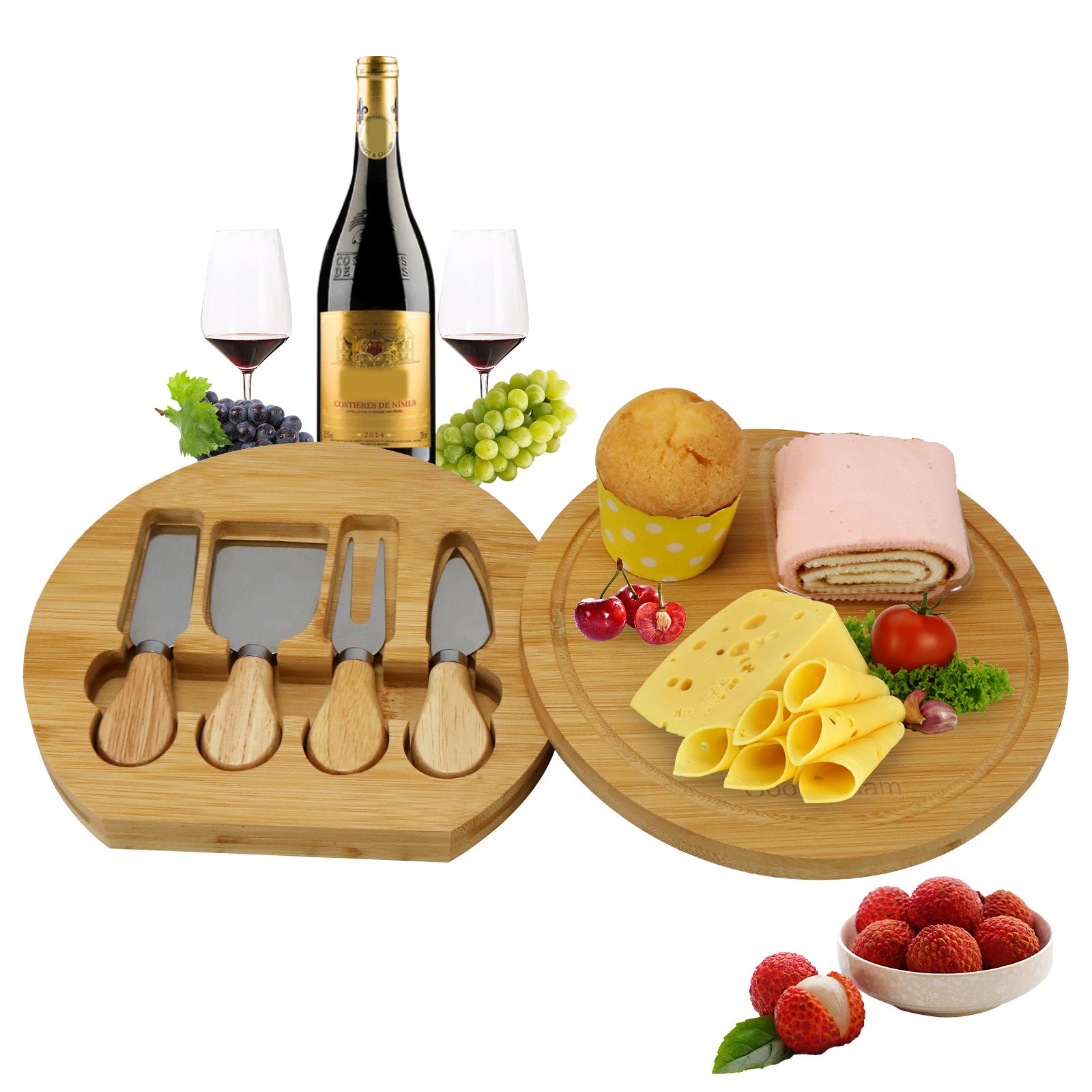 Round Bamboo Cheese & Fruit Serving Tray - Natural Wood Platter