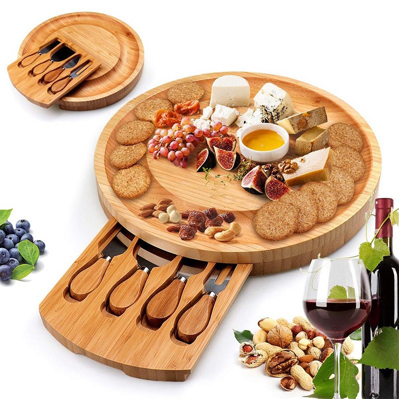 Bamboo Cheese Board Set with Knives - Round Serving Platter