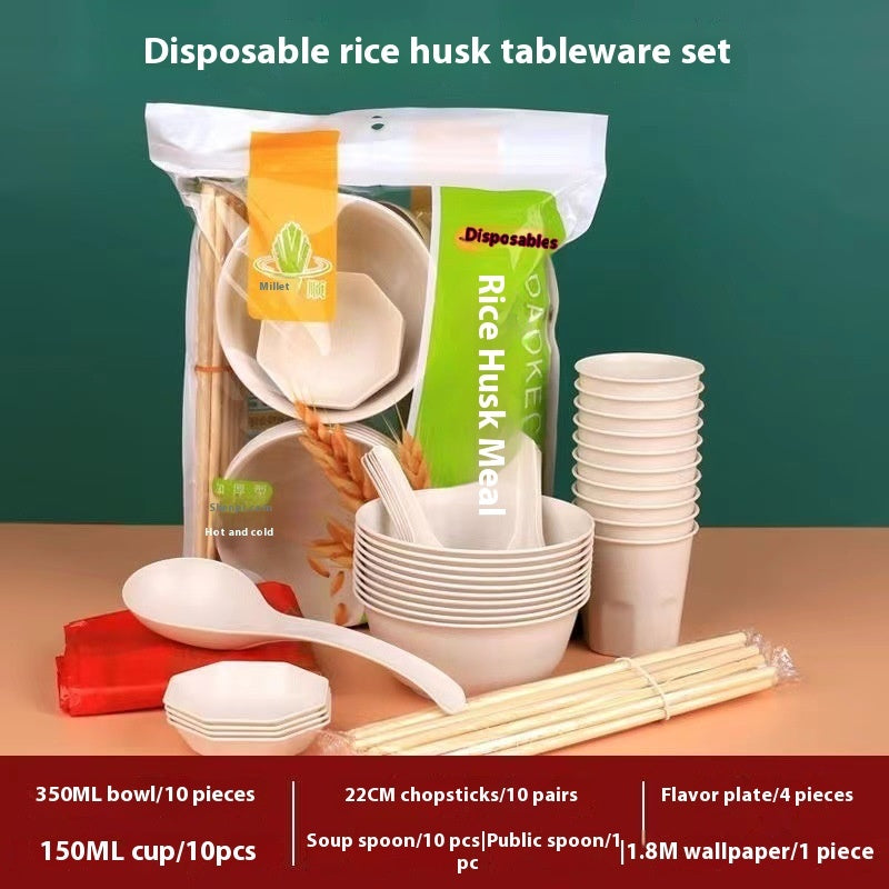 Biodegradable Rice Husk Tableware Set - Eco-Friendly Disposable Dinnerware for 10